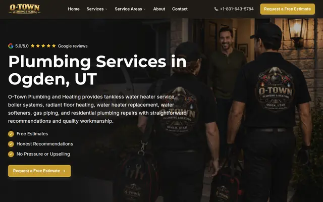 Screenshot of the O-Town Plumbing and Heating homepage as it appeared on 2026-08-30, captured at desktop width.