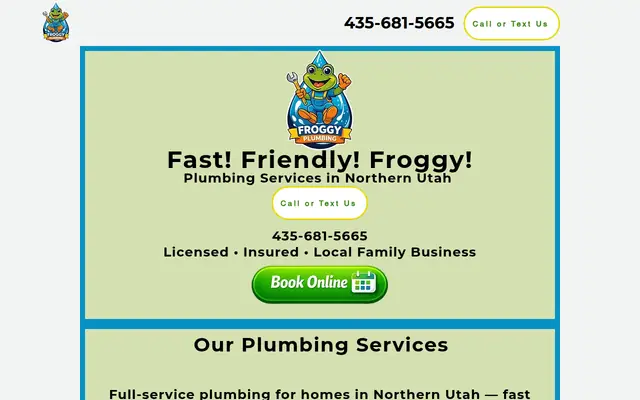 Screenshot of the Froggy Plumbing LLC homepage as it appeared on 2026-08-30, captured at desktop width.