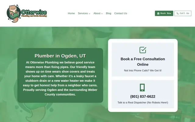 Screenshot of the Otterwise Plumbing and Drain Cleaning homepage as it appeared on 2026-08-30, captured at desktop width.