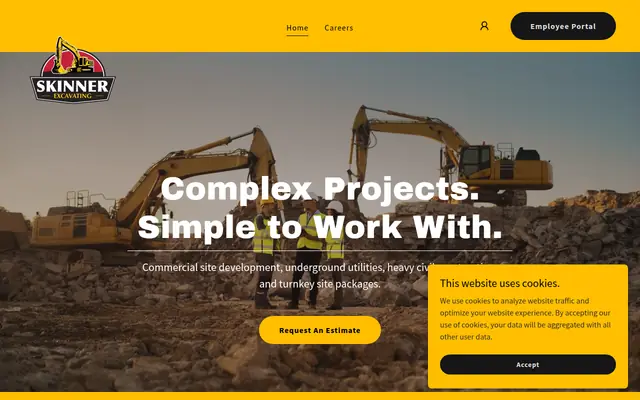 Screenshot of the Skinner Excavating, Inc. homepage as it appeared on 2026-08-30, captured at desktop width.