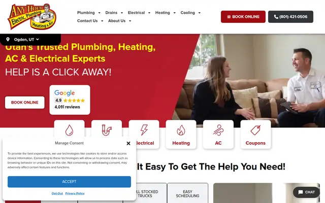 Screenshot of the Any Hour Services - Electric, Plumbing, Heating & Air homepage as it appeared on 2026-08-30, captured at desktop width.