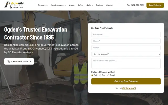 Screenshot of the AccuRite Excavation & Hauling, Inc. homepage as it appeared on 2026-08-30, captured at desktop width.
