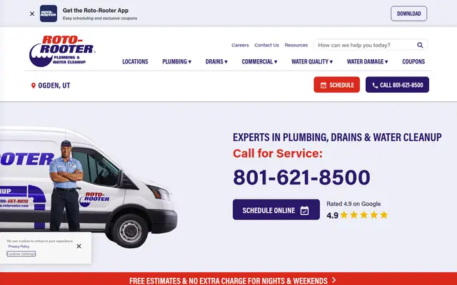 Screenshot of the Roto-Rooter Plumbing & Water Cleanup homepage as it appeared on 2026-08-30, captured at desktop width.
