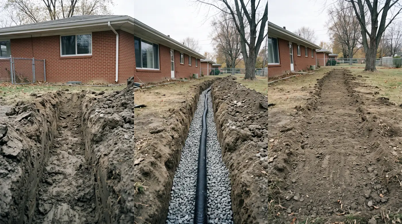Four photographs of the same trench in sequence: open cut, stone bed, perforated pipe laid in the stone, then stone filled level to the surface.