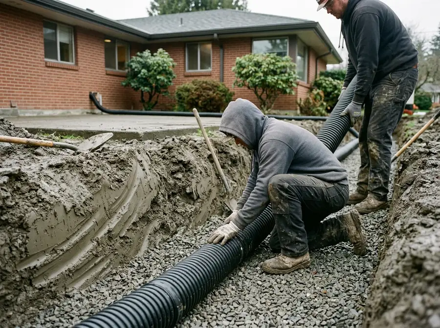 A worker kneeling at the edge of an open trench, seating perforated pipe into a bed of washed stone with both hands.